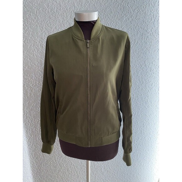 Army Green Satin Bomber Jacket Womens Size Medium Trucker - Picture 1 of 16
